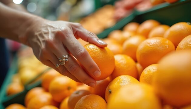 Hand selects fresh orange in supermarket. Close up shot of person picking ripe citrus fruit. Healthy eating concept is highlighted. Vitamin rich food at grocery store. - Powered by Adobe