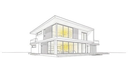 Modern house design sketch isolated on white background, showcasing architectural visualization and contemporary home exterior concept with minimalist style