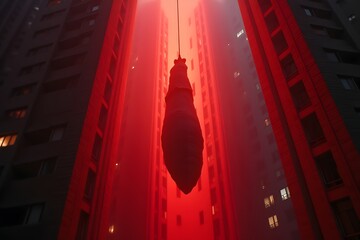 A giant cocoon hanging from a building emitting red pulses of light.