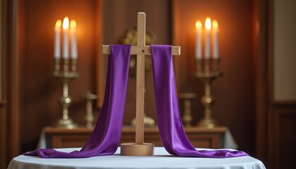 Wooden cross draped with purple cloth in church with lit candles. Religious symbol for prayer, worship and Christian ceremony. Peaceful, calm, sacred interior.