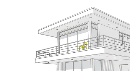 A modern house design with clean lines and a minimalist aesthetic, featuring a balcony with a yellow chair, isolated on white background architectural sketch