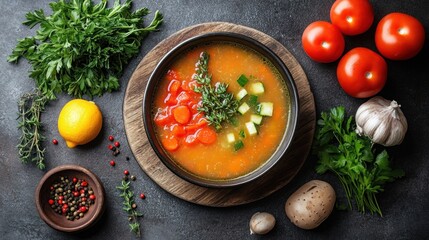 Healthy Vegetable Soup with Fresh Ingredients on a Dark Background
