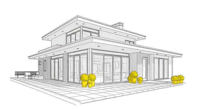 Architectural drawing of a modern house with a minimalist design, showcasing clean lines and open spaces, surrounded by greenery isolated on white background