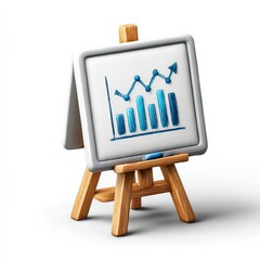Pure white background, isometric view icon. A simple trend chart drawn with a marker on a whiteboard on a wooden easel, simple strokes, blue handwriting. Pure white background, UI icon, 3D icon, C4D r