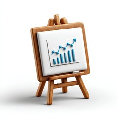 Pure white background, isometric view icon. A simple trend chart drawn with a marker on a whiteboard on a wooden easel, simple strokes, blue handwriting. Pure white background, UI icon, 3D icon, C4D r