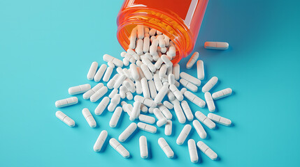 White Capsules Spilling from Orange Pill Bottle on Blue Background. Medical and Pharmaceutical Concept