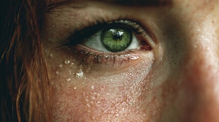 Close-up of stunning green eye with tears streaming down face capturing intense emotion and vulnerability for dramatic storytelling visuals