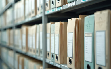 Filing cabinets filled with organized folders and documents in a library archive. Rows of paper binders on shelves create a visual of organized information and records storage.