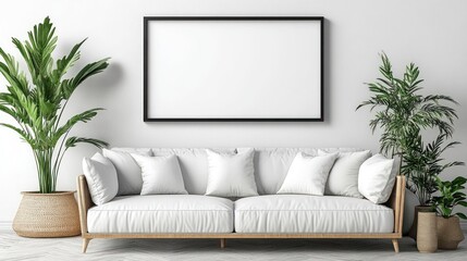 Stylish Interior Scene with Blank Black Frame Above a White Sofa