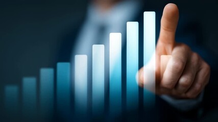 Touchscreen businessman finger pointing rising bar chart showing business growth and data analytics with glowing touchscreen effect, blurred suit - Powered by Adobe