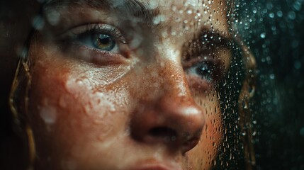 Intense portrait of a woman's face with water droplets, capturing raw emotion and vulnerability in a visually striking close-up shot