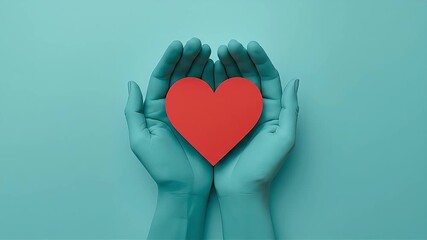 Two teal hands gently cradle a bright red heart, set against a cool blue-green background. With care