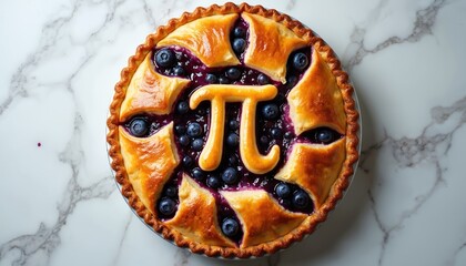 Freshly baked blueberry pie sits on a marble surface. Golden crust surrounds juicy blueberries with a large golden Pi symbol in center. Celebrate Pi Day with this delightful math themed dessert.