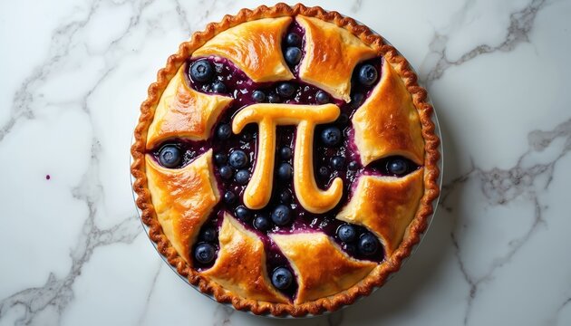 Freshly baked blueberry pie sits on a marble surface. Golden crust surrounds juicy blueberries with a large golden Pi symbol in center. Celebrate Pi Day with this delightful math themed dessert. - Powered by Adobe