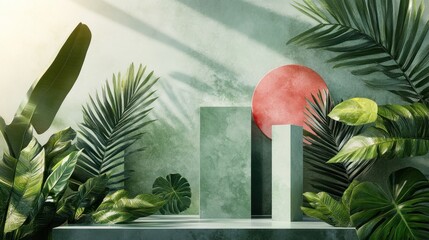 Vibrant Tropical Plant Display with Geometric Podiums and Shadows