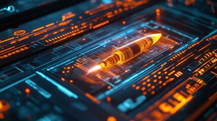 Quantum computing interface with a simulated rocket trajectory, next-gen tech lab, medium shot, futuristic tone, Vivid