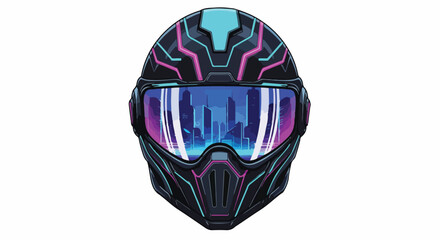 A futuristic 3D vector helmet with neon accents and a sleek design, featuring a vibrant blue and pink visor on a plain white background. Perfect for technology, gaming, and futuristic