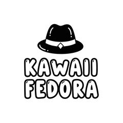 Kawaii Fedora Hat Logo Design Black and White Illustration.