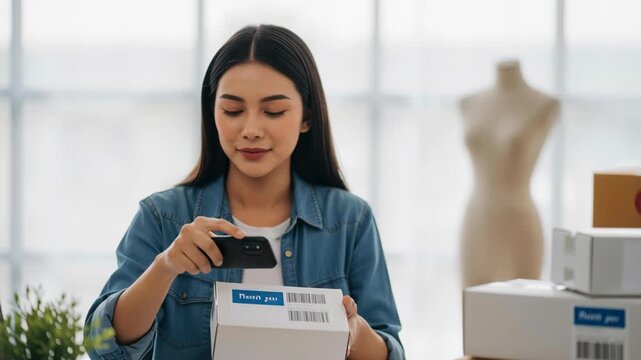 Young woman photographing small parcel and box with label and barcode desk using smartphone for e commerce inventory photography office logistic solution merchant inventory tracking and product