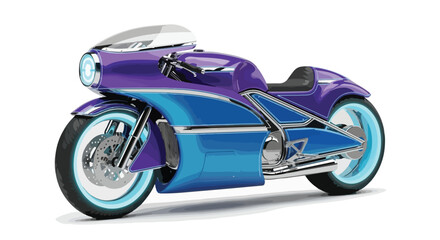 A futuristic 3D rendered motorcycle with neon accents, showcasing a purple and blue metallic body with glowing blue tires, set against a white background. Perfect for technology,
