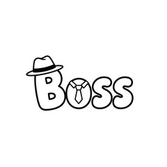 Hand drawn doodle lettering of the word Boss with a fedora hat and tie.