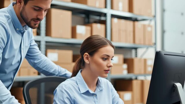 Warehouse manager and assistant processing e commerce orders on computer with inventory and shelving of cardboard boxes creating logistic solution for shipping and storage