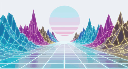 A futuristic 3D render of a neon-lit landscape with a grid road, surrounded by vibrant purple, blue, and gold mountains under a pastel sun. Perfect for presentations, graphic resources, and