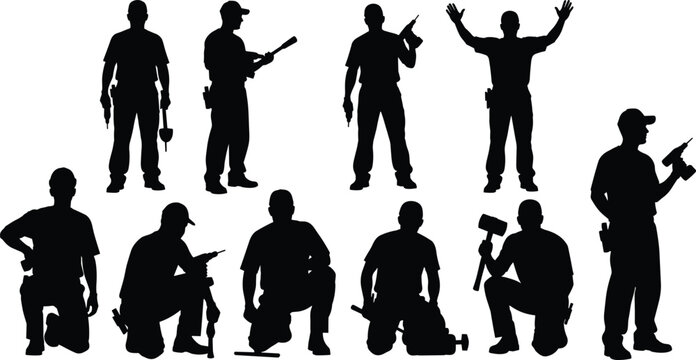 Construction worker silhouette set, handyman with drill and hammer, builder vector illustration, industrial repair man collection