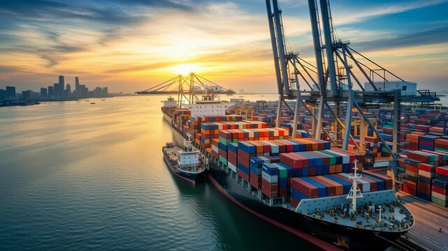 Large container ship port terminal logistics solution e commerce global cargo shipping sea ocean harbor crane terminal cargo shipping container ship port crane cargo terminal shipping sea ocean harbor