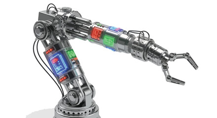A futuristic 3D robotic arm with neon accents, presented on a plain background, showcasing its metallic structure and colorful details. Perfect for technology, engineering, and robotics