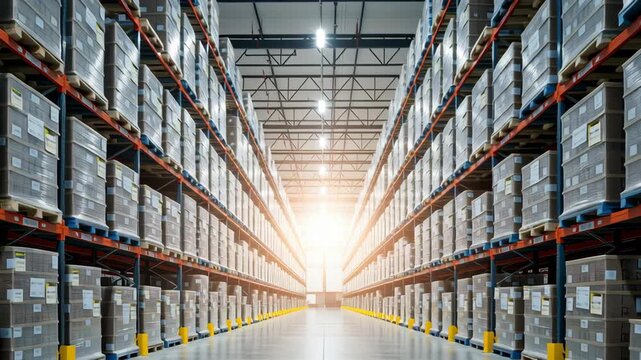 Logistic solution e commerce warehouse storage aisle box pallet rack inventory distribution center sunlight organized efficient shipping operations calm Modern warehouse logistic solution for e