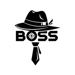 Boss logo with hat and tie representing authority and power.