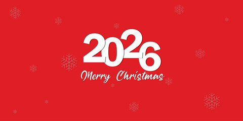 “Holiday greeting design with large white ‘2026’ typography on a red background, decorated with white snowflakes and a handwritten ‘Merry Christmas’ text. Festive, clean and modern Christmas layout.”