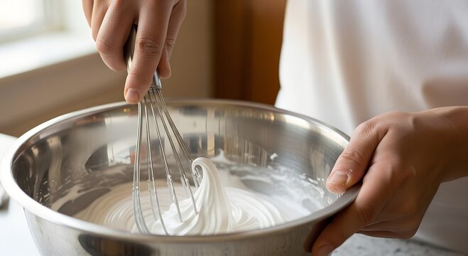 Person whisking egg whites in stainless steel bowl at home  