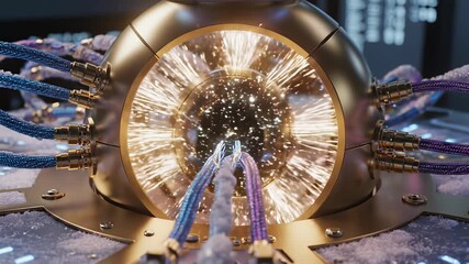 Quantum Innovation Convergence Futuristic Metal Object Emissions Bright Blue Light, Symbolizing Design and Technology Harmony, Perfect for 4K or UHD Backgrounds, Cooking Show Intros.