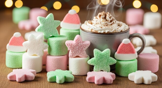 Hot chocolate with whipped cream surrounded by colorful marshmallows  