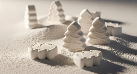 Winter scene with white decorative snow-covered trees on surface  