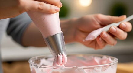 Woman decorating cake with pink frosting using piping bag  