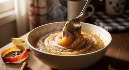 Steaming bowl of apple sauce with fork on wooden table  