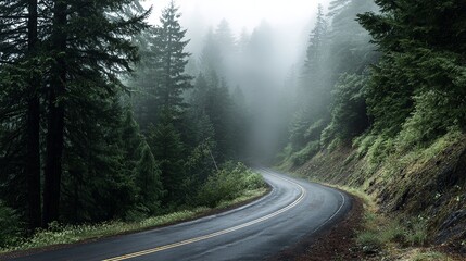 Drive into the stunning misty forest along winding road for an adventurous experience, perfect for travel blogs, ads, and nature promotions