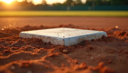 Baseball home plate rests on dirt infield grass beyond. Game beginning, sunset glow, sports field. Players prepare for match, focus on scoring. Athletic competition starts now.