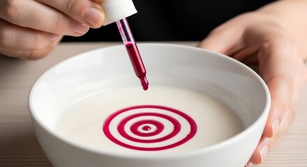 Person adding red color to white creamy dessert using dropper  