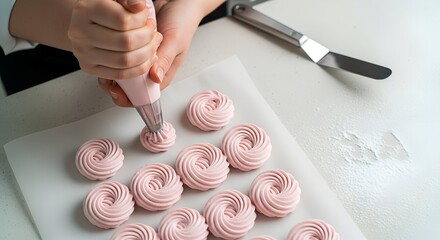 Person piping pink meringue cookies on baking sheet in kitchen  