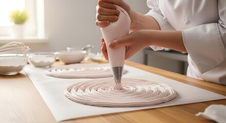 Pastry chef piping pink meringue on parchment paper in kitchen  
