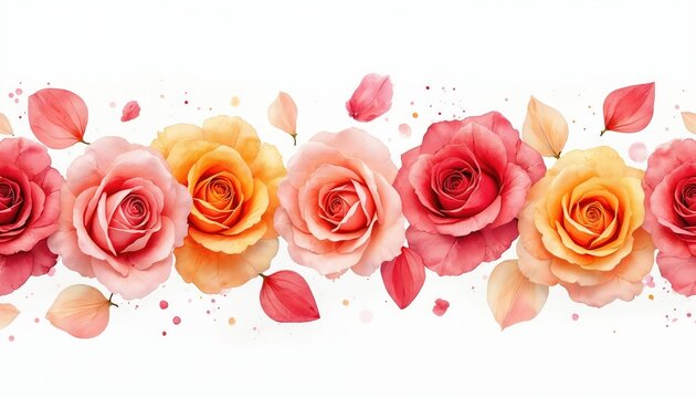 Line of watercolor roses, petals in shades of pink red, yellow. Delicate floral design elements for romantic occasions. Soft botanical art with petal accents for celebration themes. Beautiful