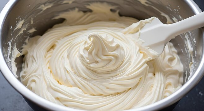 Thick creamy frosting in stainless steel mixing bowl with spatula - Powered by Adobe
