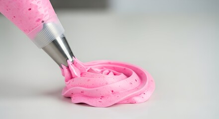 Pink frosting being piped onto clean surface with pastry bag  