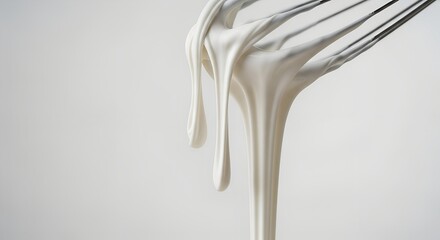 Whisk with dripping white cream on light background  