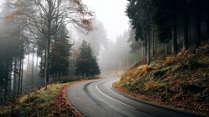 Fototapeta premium Dramatic winding road through moody forest with autumn foliage and atmospheric fog for an adventurous travel background