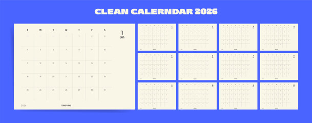 Calendar 2026 Clean Neutral Wall Planner, Simple Beige Monthly Layout with Sunday Start. Vector Printable Calendar Planner Template Design for 2026 year